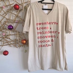 NWT Santa Holiday Christmas List V-Neck Tee Shirt with Red Metallic Letters -XXL
